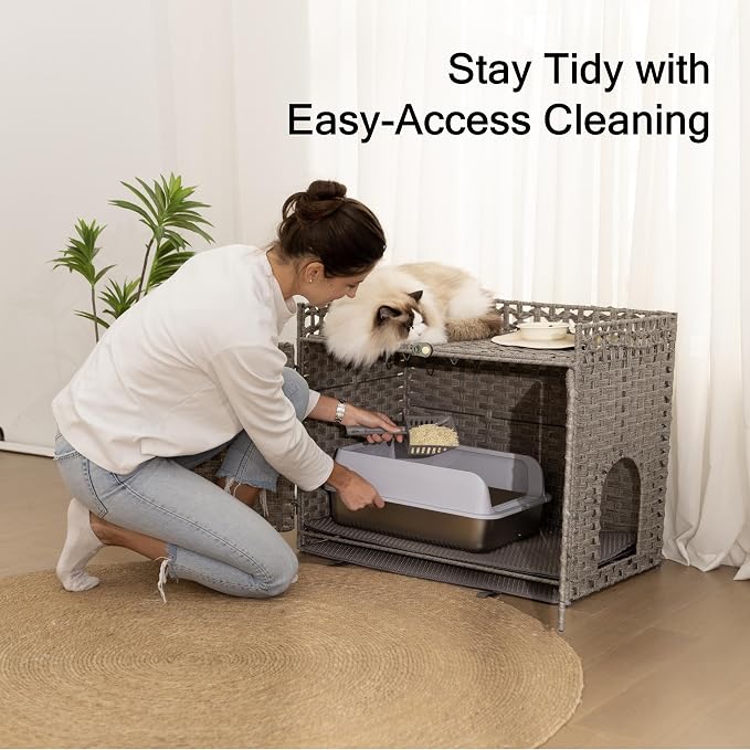 Furriends Cat Litter Box Enclosure with 2 Litter Mats, Hidden Litter Box Cabinet for Dust and Order Control, Litter Box Hider, Handwoven Rattan Cat House with Three-sided Fenced Top (Grey)