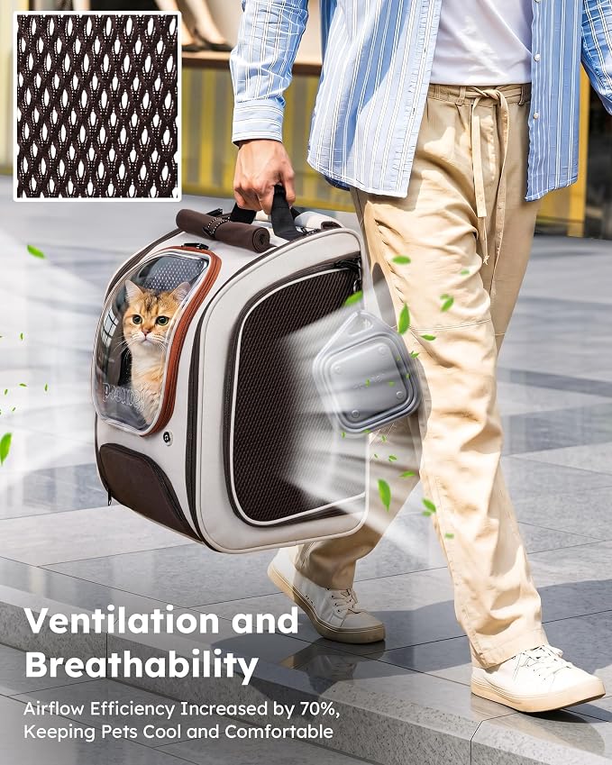 Pecute Cat Backpack Carrier,Large Space Cat Bubble Backpack,Ergonomic,Khaki | Color Blocking,Sunshade curtain,Folding bowl,Transparent window,Sturdy,Large mesh on both sides for breathability
