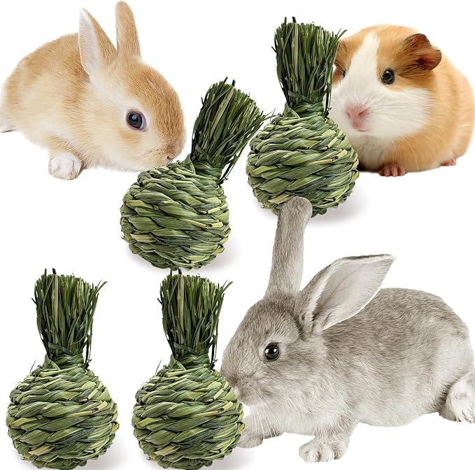 Hamiledyi Bunny Chew Toys Rabbit Rattan Grass Scratcher Climbing Tree Fun Tree Carrot Play Toys 4 Pcs Rabbit Chew Ball Timothy Grass Ball Small Animal Activity Play Chew Toys Teeth Grinding