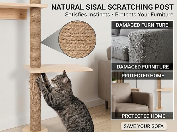 Cat Tree Wall Mounted,Tall Scratching Post for Indoor Cats Climbing Tower Activity Wood Cat Wall Furniture(Wood)