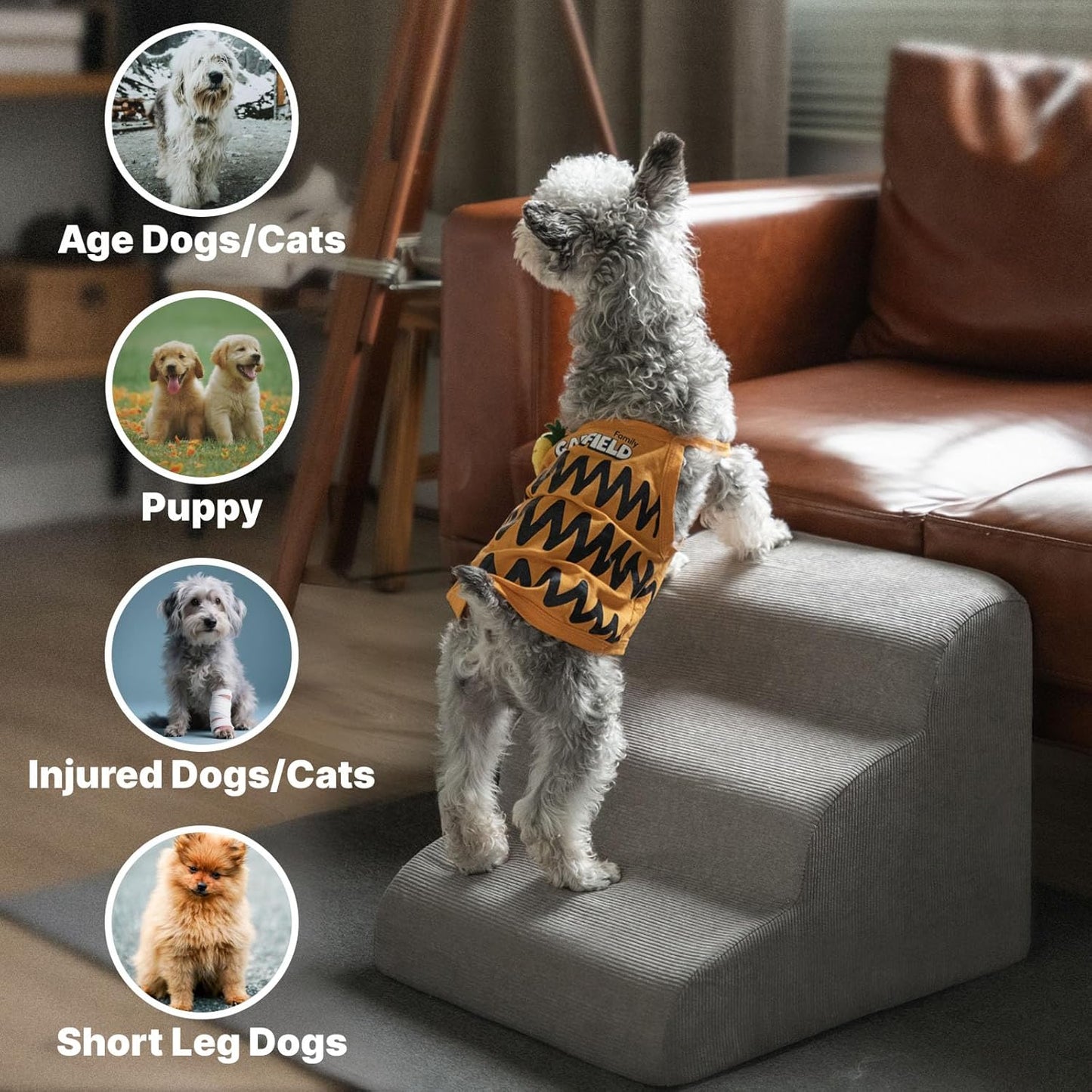 MEWANG Dog Stairs for Small & Medium Dogs and Old Cats –3/4/ 5 Steps High-Density Foam Pet Ramp for Bed & Couch, Non-Slip, Washable Cover, Grey (Round Corner, 3 Steps: 17.95''×14.96''×13.70'', 2)