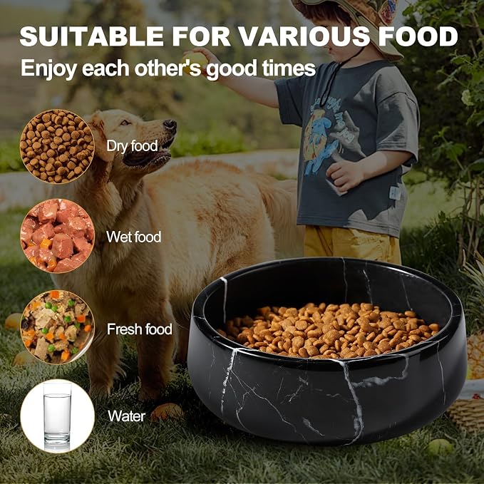 Karibiber Black Marble Dog Bowl, 3.5lbs Non Slip,Non Spill Heavy Dogs Food Bowl, Large Dog Dish, Weighted Food and Water Bowls for Medium Dogs, Natural Stone Pet Bowl, Easy to Clean, Holds 4.5 Cups