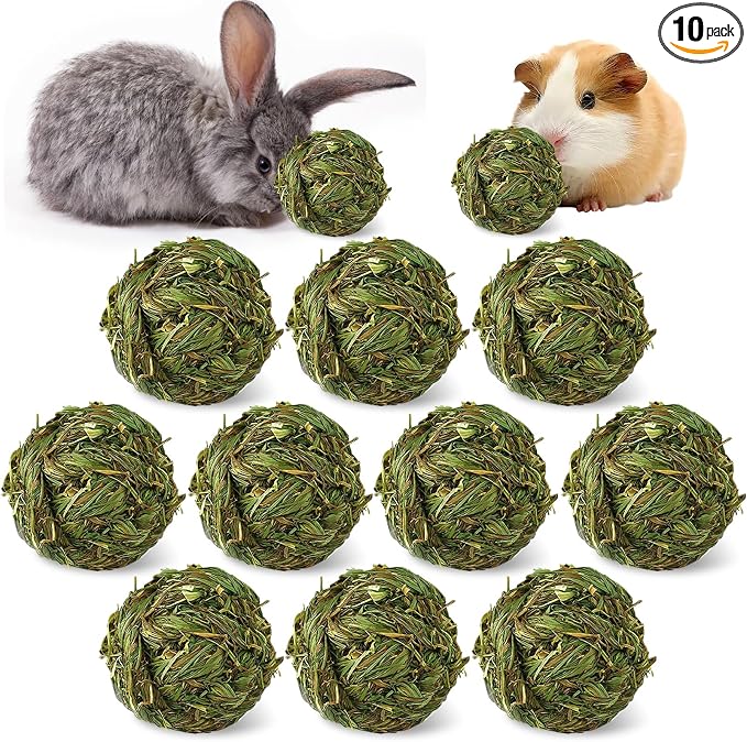 Hamiledyi 10 Pcs Rabbit Chew Ball Timothy Grass Ball Small Animal Activity Play Chew Toys Teeth Grinding for Bunny Rabbits Hamster Guinea Pigs Gerbils Chinchillas