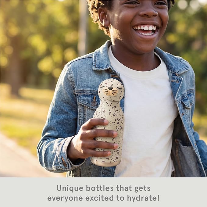 asobu Bestie Bottle Insulated Stainless Steel Water Bottle with Detachable Soft Animal Head Fun Drinking For Kids and Teens with Flexible Reusable Straw 16 Ounce (Seal White)