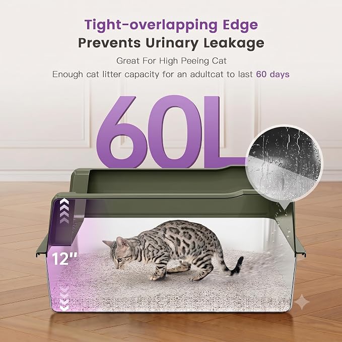 XXL Stainless Steel Cat Litter Box with Lid, 26" L x 18" W x 12" H Metal Litter Box with Hight Sides for Big Cats & Multiple Cats, Never Absorbs Odors, Anti-Urine Leakage, Easy Cleanin(Green)