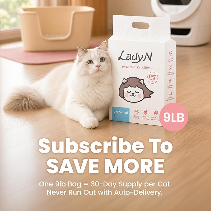 Lady N Pellet Tofu Cat Litter, Strong Clumping Ultra Absorbent, Dust-Free Low Tracking, Enviro-probiotic and Activated Carbon for Odor Control 18lb (2 Packs Unscented)
