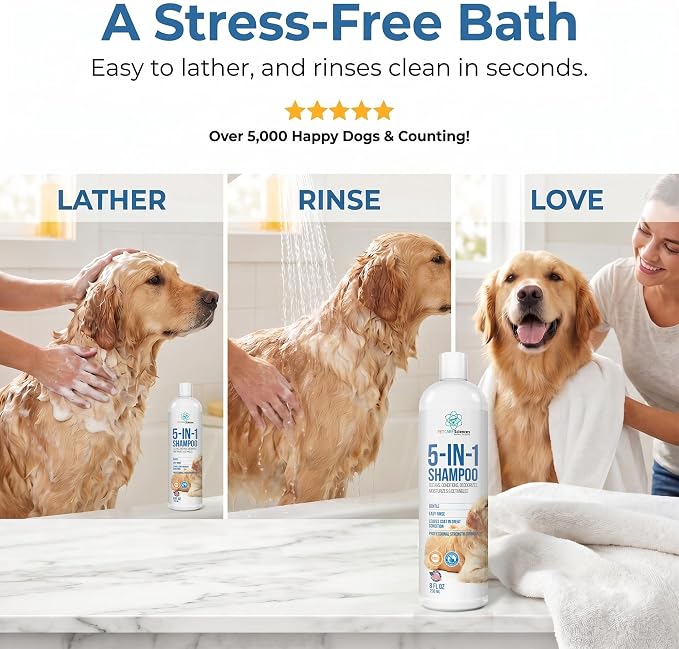 8 floz 5 in 1 Dog Shampoo for Itchy Skin - Sensitive Skin Dog Shampoo for Smelly Dogs - Dog Shampoos & Conditioners - Made in The USA