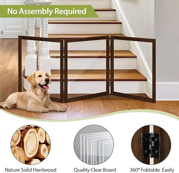LZRS Clear Dog Gate for Indoor Use - Transparent Pet Fence with Solid Hardwood and Plastic Board, Stylish & Durable freestanding Pet Gate for Doorways, Stairs and Hallways-3 Panel Brown
