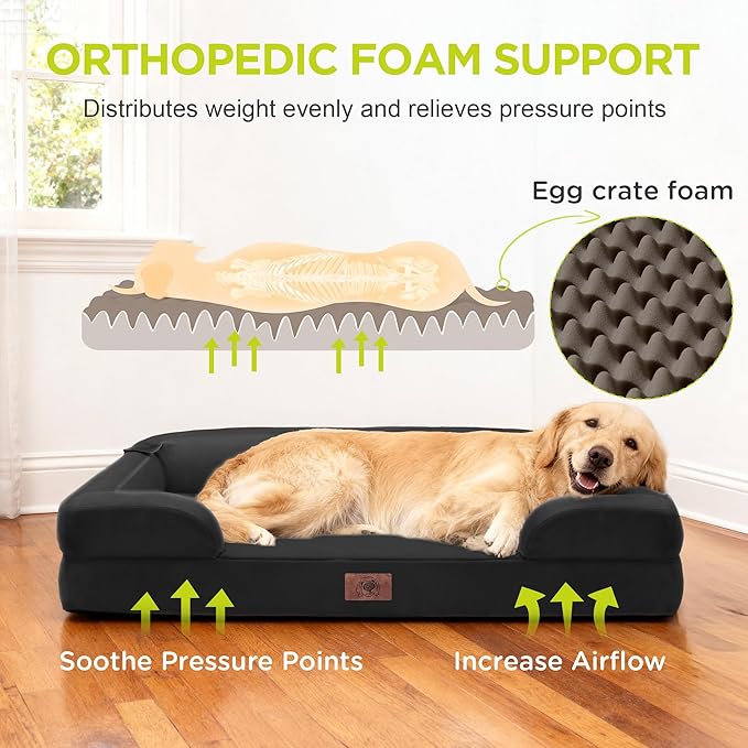 Orthopedic Memory Foam Dog Bed, 42x30, Waterproof for Large Dogs | Removable, washable cover • Waterproof memory foam liner • Bolstered couch design for joint relief • Includes tennis ball toy