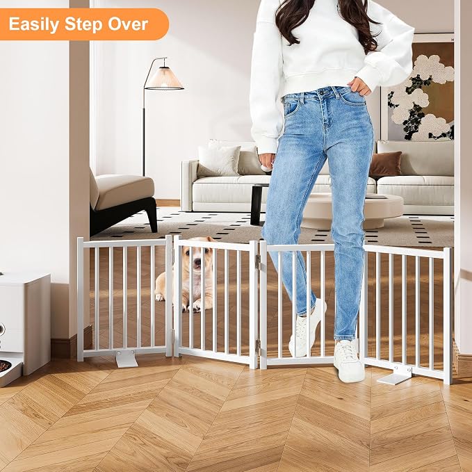 Snughome Short Dog Gate Indoor, 16" High Freestanding Small Dog Door Gates with Support Feet, Expands Up to 48’’ Wide Foldable Pet Gate for Doorway, 4 Panel Folding Pet Door Pet Fence for Puppy, White