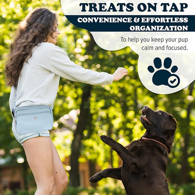Puppington 3-in-1 Crossbody Dog Treat Pouch for Pet Training - Compostable Poop Bags, Built-In Poop Bag Dispenser, Slow-Feeding Travel Dog Bowl & Reflective Leash - Dog Walking Bag (Ice Blue)