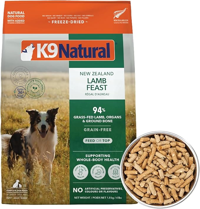 K9 Natural Lamb Freeze Dried Dog Food, High-Meat Natural Complete Meal or Meal Toppers for Dogs, Grass-Fed Lamb from New Zealand, Grain-Free, GMO-Free, Complete & Balanced Nutrition, 4lb