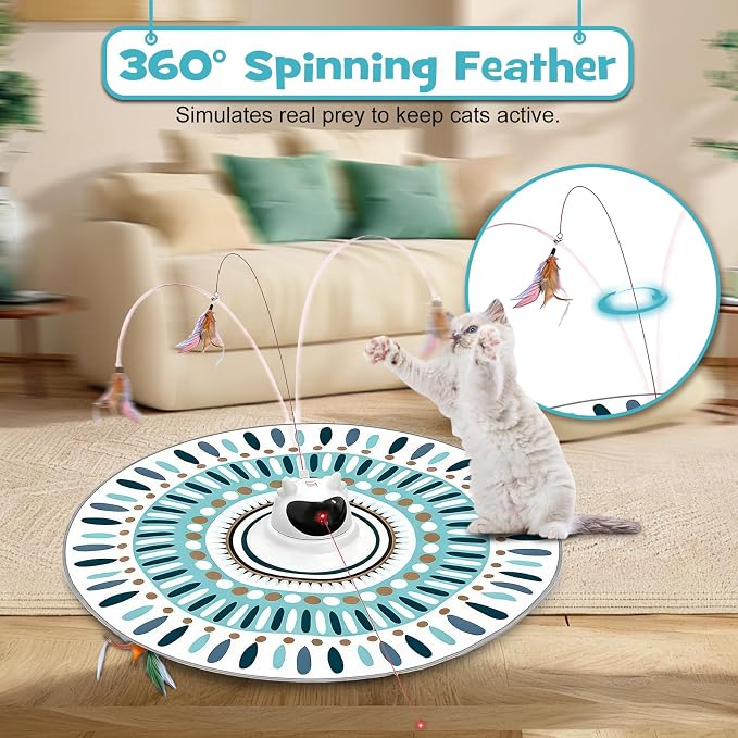 3 in 1 Automatic Interactive Cat Toy for Indoor Cats, USB Rechargeable Adjustable Laser, 360° Rotating Feather Wand, Real Bird Chirp, Motion-Activated Hide Seek Mat, Auto-Off, Quiet Operation