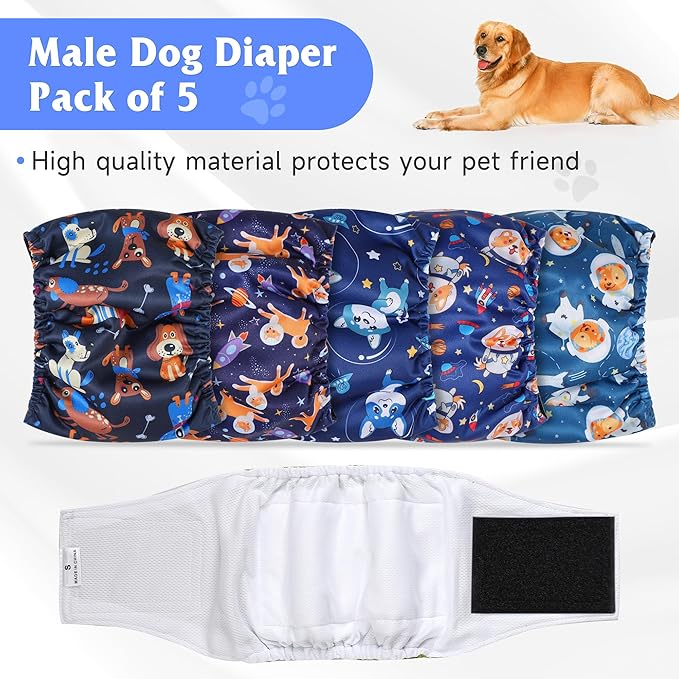 5 Pack Dog Diapers Male, High Absorbing Dog Wraps, Belly Bands for Male Dogs with Incontinence or Frequent Urination, Washable Doggie Diapers M