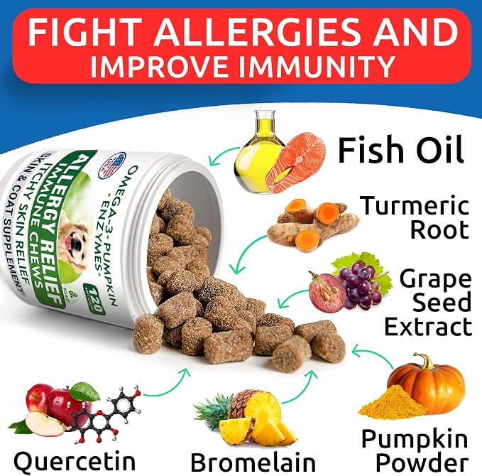 Allergy Relief + Advanced Calming Bundle - Anti-Itch Skin&Coat + Anxiety Relief - Omega 3 Fish Oil + Hemp Oil + Melatonin - Itching &Paw Licking + Separation Aid - 240 Chews - Made in USA