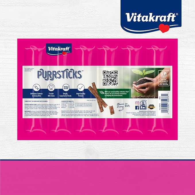 Vitakraft PurrSticks for Cats - Nutritious & Healthy Soft Cat Treats - Gently Oven Roasted Meat Sticks for Cats w/ 70% Meat - Easy-to-Serve Cat Chew Sticks (Salmon, 24 Pack)