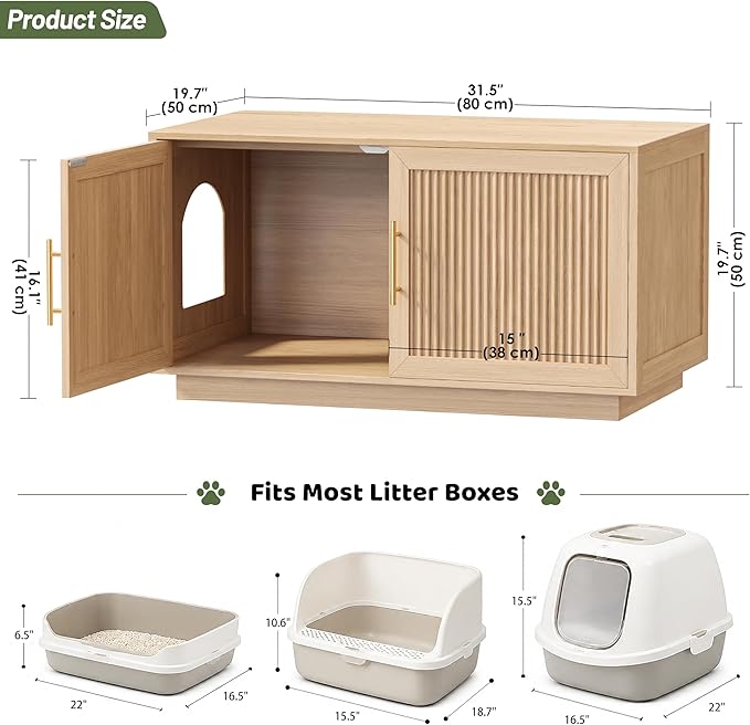 Fluted Cat Litter Box Enclosure, 31.5" Hidden Litter Box Furniture Cabinet with Double Doors, Reversible Entrance Left or Right Side, Indoor Cat House, Modern End Table for Living Room, Oak