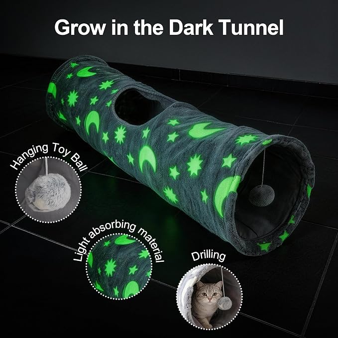 PAWISE Cat Tunnel for Indoor Cats, Glow in Dark Cat Tunnels with Pop-Up, 3-Way Collapsible Cat Play Tunnel Toy for Cats Kittens Rabbits, with Hanging Ball & Bell