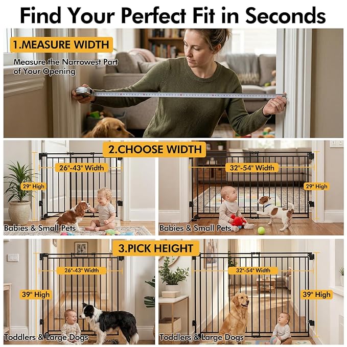 Extra Wide Baby Gate for Stairs Doorways & Kitchen,32"-54" W x 29" H, No Bottom Bar Dog Gate, One-Handed Auto-Close, Hardware Mount Safety Gate for Dogs & Toddlers, Black