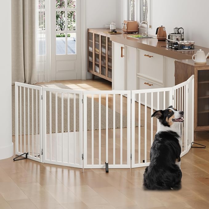 Dog Gates for Doorways, Tall Dog Gate Indoor, Foldable Pet Gates for Doorways Bedroom, Freestanding Puppy Gate with Metal Support Feet, Room Divider,6 Panels (White)