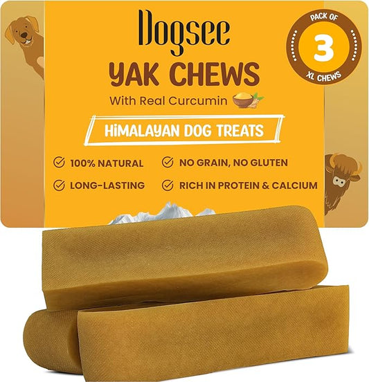 Dogsee Himalayan Yak Chews with Turmeric/Curcumin (XL - 3 Bars),60% Protein Yak Chews for Large Dogs, Dog Treats, Helps Joint Pain, Rawhide-Free
