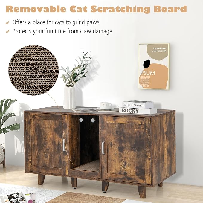 Tangkula Patented Double Cat Litter Box Enclosure for 2 Cats, Large Stackable Hidden Privacy Cat Washroom Cabinet with Scratching Board, Indoor Cat House TV Stand, Litter Box Furniture (Rustic Brown)