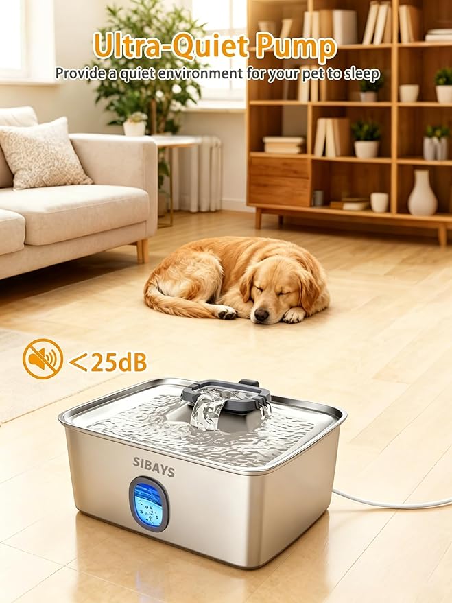 SIBAYS 4Gal/15L Large Dog Water Fountain, Stainless Steel Pet Fountain with Water Window & LED Light, Ultra Quiet Automatic Dog Water Bowl Dispenser for Large Dogs & Multi-pet, Easy to Clean FS76