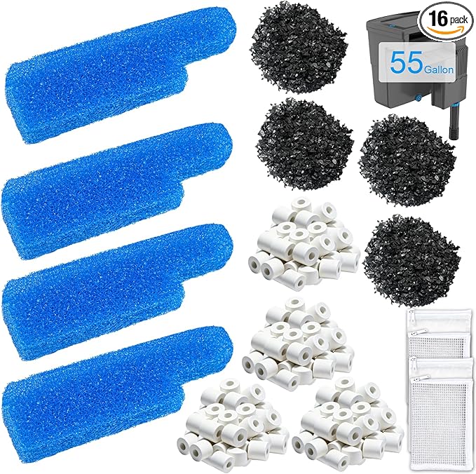 4 Set Aquarium Media Maintenance Kit, Replacement for Seachem Tide 55-Gallon Filter — Includes 4 Blue Sponges, 4 Bags of Activated Carbon, 4 Ceramic Rings, and 4 Mesh Bags.