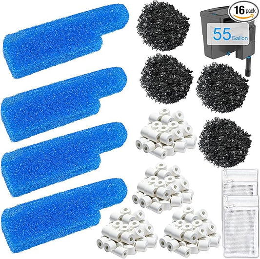 4 Set Aquarium Media Maintenance Kit, Replacement for Seachem Tide 55-Gallon Filter — Includes 4 Blue Sponges, 4 Bags of Activated Carbon, 4 Ceramic Rings, and 4 Mesh Bags.