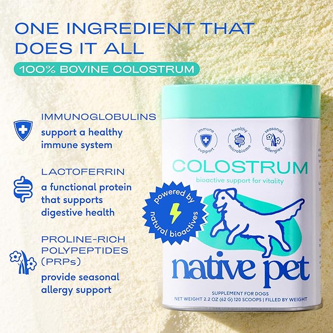 Native Pet Colostrum for Dogs - Bovine Colostrum Powder - Dog Allergy Relief, Itchy Skin Relief, Immune Support & Gut Health - 100% Single-Ingredient Supplement with Bioactive Nutrients - 120 Scoops