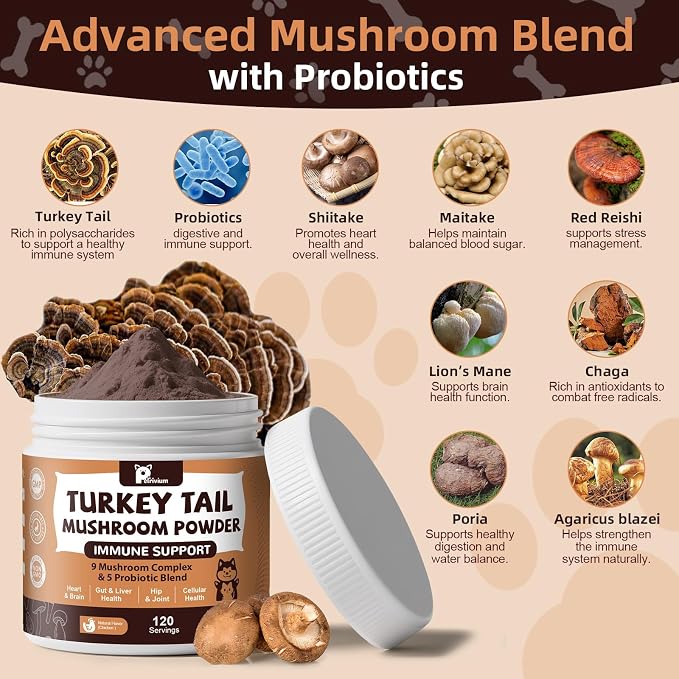 Mushroom Supplement with Probiotics for Dogs & Cats, Turkey Tail Mushroom for Pets - Mushroom Powder for Immune Boost & Overall Health- Partner Guard for Dogs Lumps and Bumps 2 Pack