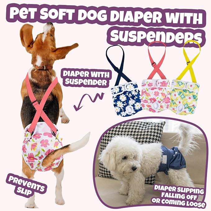 Pet Soft Dog Diapers Female with Suspenders, 3 Pack Reusable Female Dog Diapers for Heat, Dog Period Panties for Doggie in Cycle(Medium, Flowers)