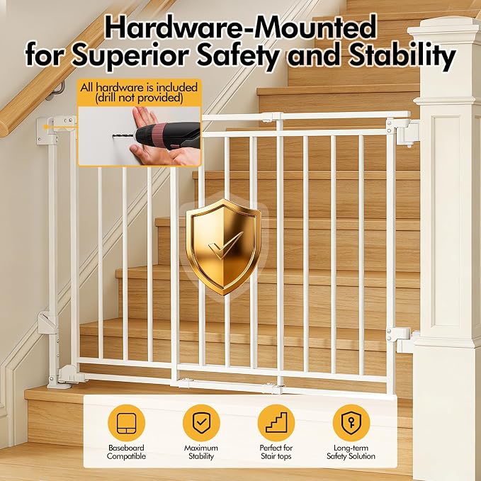 Baby Gate for Stairs Doorways & Kitchen, Extra Wide 32"-54" W x39 H Extra Tall, No Bottom Bar Dog Gate, One-Handed Auto-Close, Hardware Mount Safety Gate for Dogs & Toddlers, White
