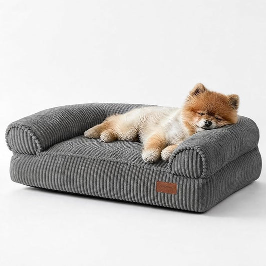 FUKUMARU Dog Couch Bed, Corduroy Cozy Cat Bed for Indoor Cats with Washable Cover, 28in Waterproof Orthopedic Dog Beds Sofa for Small Dogs and Large Cats, Cute Warm Cotton Pet Sofa, Grey