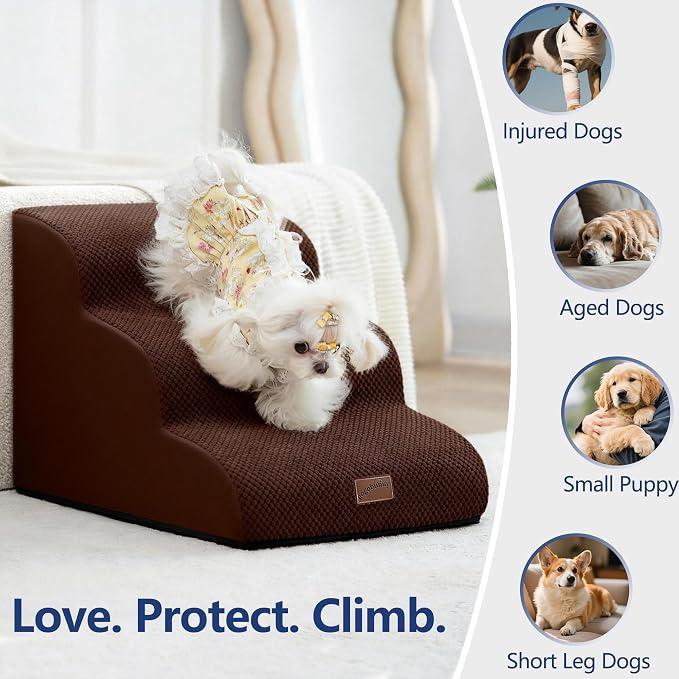 GoGoBunny Ramp Dog Stairs for Couch Sofa and Chair 15.7" H, 3-Step Pet Steps for Small Dogs and Cats, Non-Slip Waterproof Fabric Cover, Stable and Balanced Indoor Step, Pets Friendly, Brown