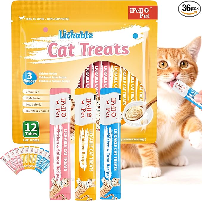 Cat Treats, High-Meat Lickable Cat Treats, Variety Pack – Real Chicken & Seafood – Smooth Creamy Purée – Grain-Free – (15g Each) (Chicken Mix 36 Tubes)