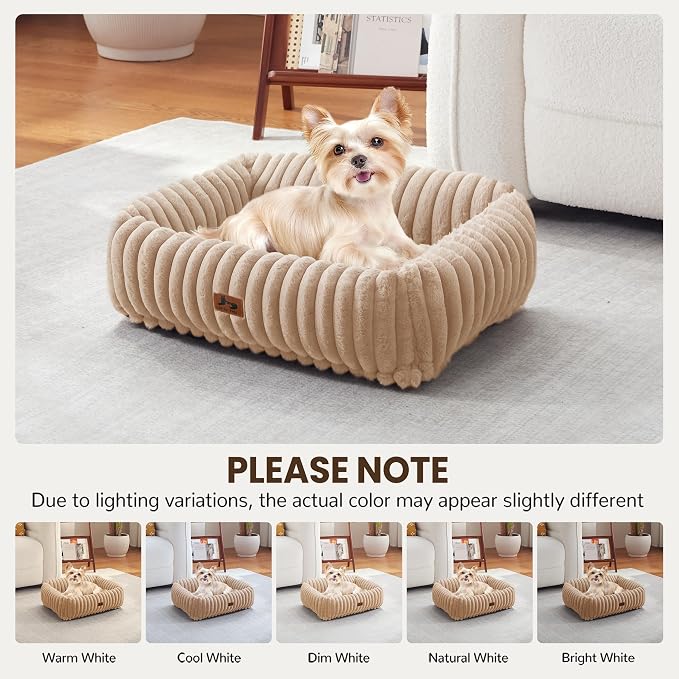 Cute Dog Bed for Small Dogs & Cats,Washable Fluffy Cat Beds for Indoor Cats, Rectangle Orthopedic Memory Foam Puppy Beds with Anti-Slip Bottom, 20 x19 x 7 Inches, Camel