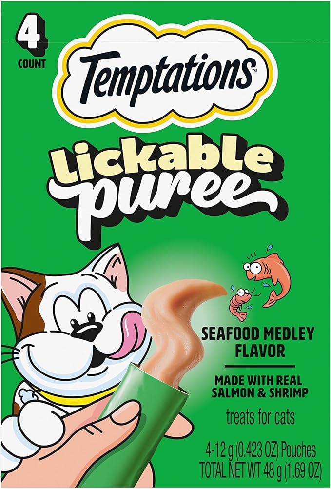 Temptations Creamy Puree Squeezable Lickable Cat Treats, Wet Cat Treats with Salmon and Shrimp, 0.42 oz. Tubes, 4 Count, Pack of 11 (44 Total)