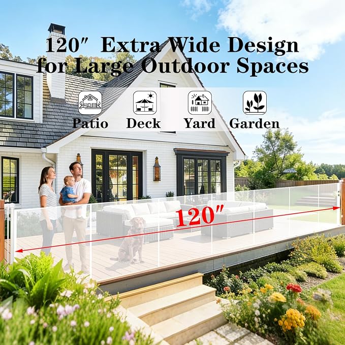 120" Extra Wide Retractable Baby Gates, 42" Extra Tall Retractable Dog Gate Pet Gate with Support Rods, Long Mesh Screen Child Safety Gate for Garage Doorways Hallways Deck Porch, Outdoor Indoor Use
