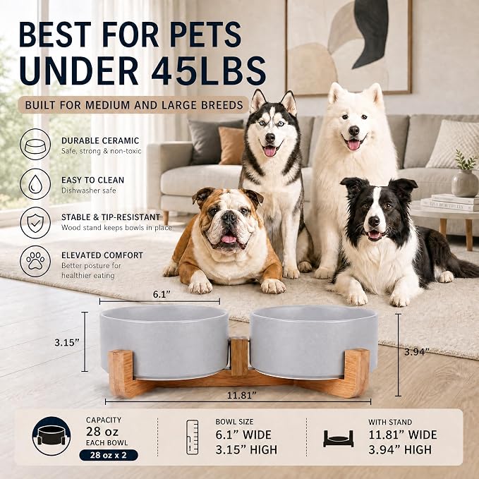 Petygooing Dog Bowls,Grey Ceramic Cat Dog Bowl Set with Wood Stand for Food and Water,Non-Slip Cute Modern Pet Dish Set for Cats and Medium Dogs (28OZ/6.1 in)