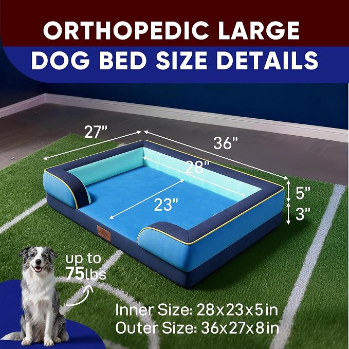 Comfort Expression Orthopedic Dog Bed for Large Dogs 36x27 Inch, Waterproof Egg Crate Foam Large Pet Bed with Bolsters, Dog Couch with Washable Cover & Non-Slip Bottom, New Jersey