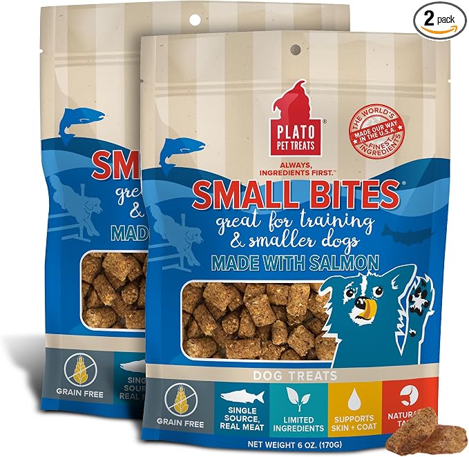 PLATO Pet Treats Small Bites - Air-Dried Training Treats for Dogs - Supports Healthy Digestion - Limited Ingredients - Salmon 6oz - 2 Pack
