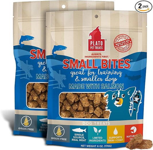 PLATO Pet Treats Small Bites - Air-Dried Training Treats for Dogs - Supports Healthy Digestion - Limited Ingredients - Salmon 6oz - 2 Pack