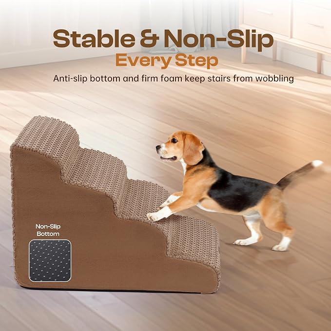 Extra Wide 4 Steps Dog Stairs for Bed & Couch 18" H, More Stable Non-Slip Dog Ramps with Gentle Slopes, Stylish Indoor Pet Steps for Medium & Large Dogs, Coffee