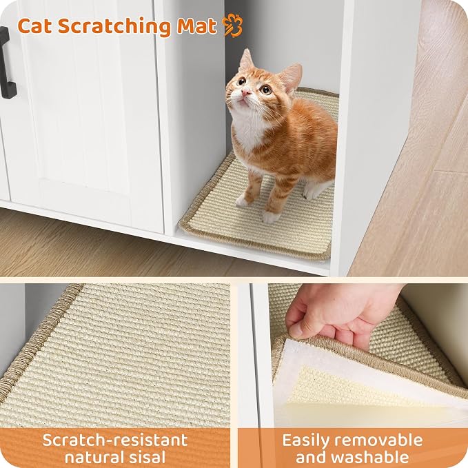 DWANTON Litter Box Enclosure, Cat Litter Box Furniture Hidden, with Scratching Mat, Wooden Cat Washroom Indoor, 31.5" L x 19.7" W x 21.7" H, White and Warm Brown
