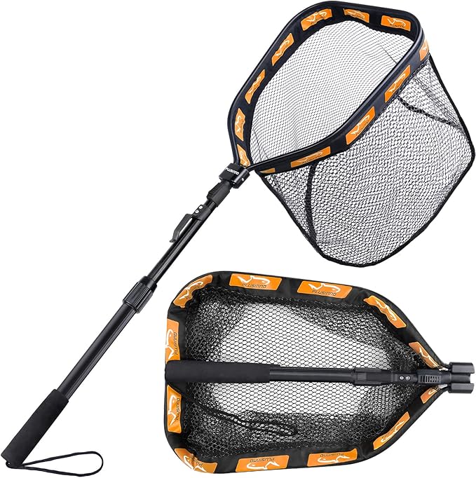 PLUSINNO Floating Fishing Net for Steelhead, Salmon, Fly, Kayak, Catfish, Bass, Trout Fishing, Rubber Coated Foldable Landing Net with Fixed or Telescoping Pole Handle, Fishing Gear and Gifts for Men