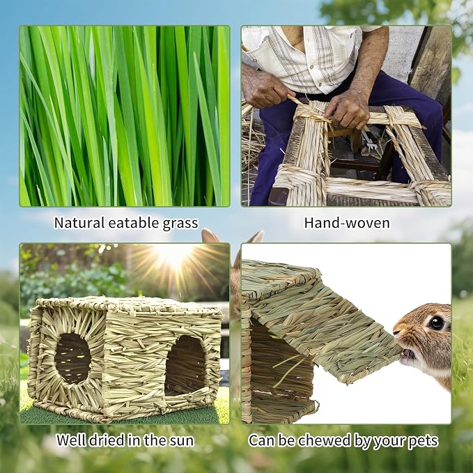 BWOGUE Large Bunny Grass House Natural Seagrass Bed Hideaway Toy Rabbit Hideout Hay Mat Chew Toys Guinea Pig Comfortable Hut for Bunny Hamster Chinchilla Small Animals