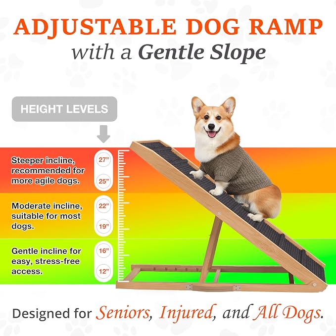 Adjustable Dog Ramp for Bed - 48" Long Foldable Wooden Ramp for Dogs to Get on Bed, Couch, or Car with 16.5" Wide Walking Space (Natural Wood with Gray Carpet)