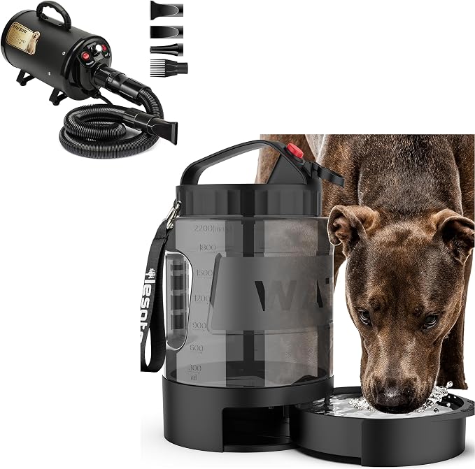 77OZ Large Dog Water Bowl Dispenser with Pull-Out Travel Water Bowls for Dogs + Dog Dryer for Pet Grooming, 3.2HP Adjustable Speed Temp Pet Hair Dryer