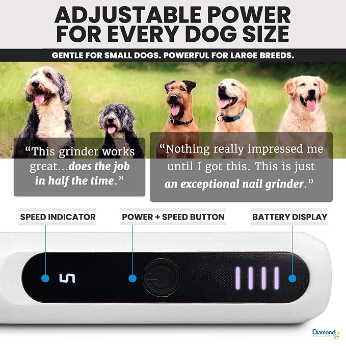 Diamondg Cordless Micro Dog Nail Grinder with Quiet Sound & LED Tip for Large & Small Dogs, 4hrs. Runtime - Electric Dog Nail Trimmer, Heavy Duty Rotary Tool Alternative to Toenail Clippers & Filers